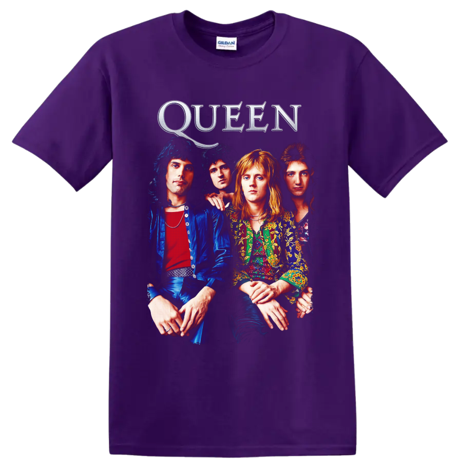 Queen classic rock band portrait with metallic QUEEN lettering on a Purple T Shirt