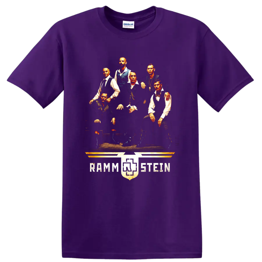 Rammstein band portrait graphic with six figures and distressed emblem on a Purple T Shirt
