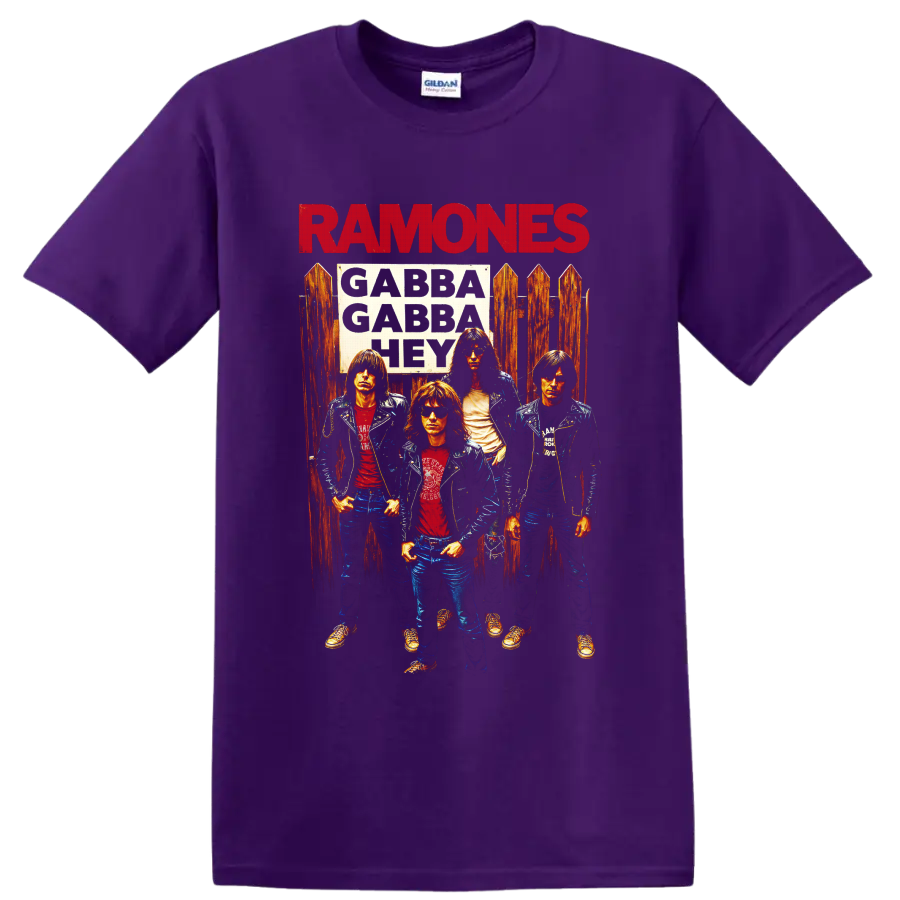 Ramones punk rock band portrait with bold red lettering and vintage distressed style on a Purple T Shirt