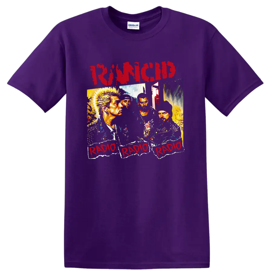 Rancid distressed punk rock collage with four musician portraits on a Purple T Shirt