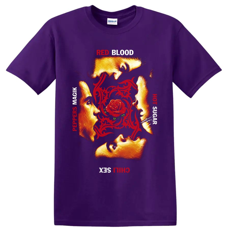 Red Hot Chili Peppers rose and ornamental rock band graphic on a Purple T Shirt
