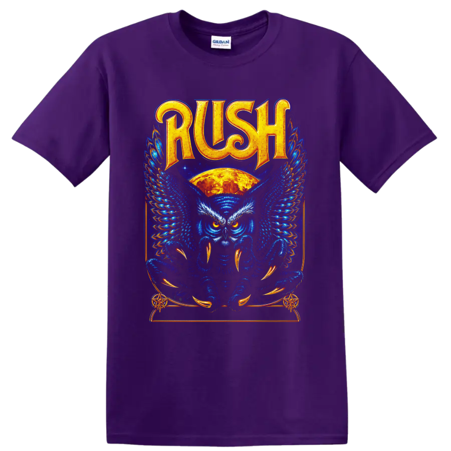 Rush owl graphic with blue wings, orange moon, and ornate fantasy artwork on a Purple T Shirt