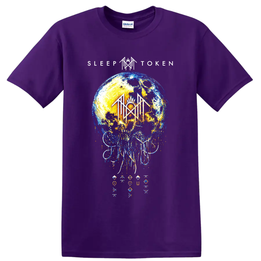 Sleep Token cosmic moon ritual graphic with dripping abstract details on a Purple T Shirt