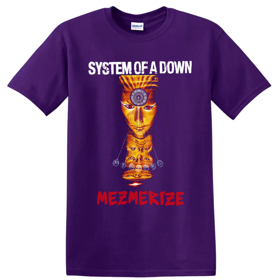 System of a Down Mezmerize surreal orange face graphic with clock on a Purple T Shirt