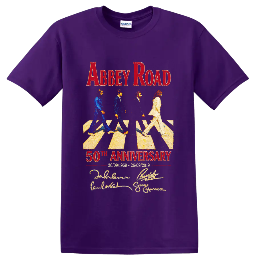 The Beatles Abbey Road 50th Anniversary crossing graphic with red lettering on a Purple T Shirt