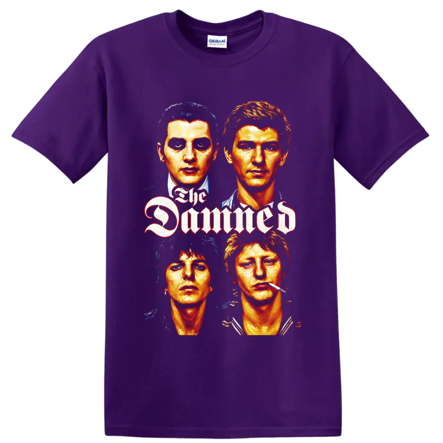 The Damned four-face punk rock portrait with gothic lettering on a Purple T Shirt
