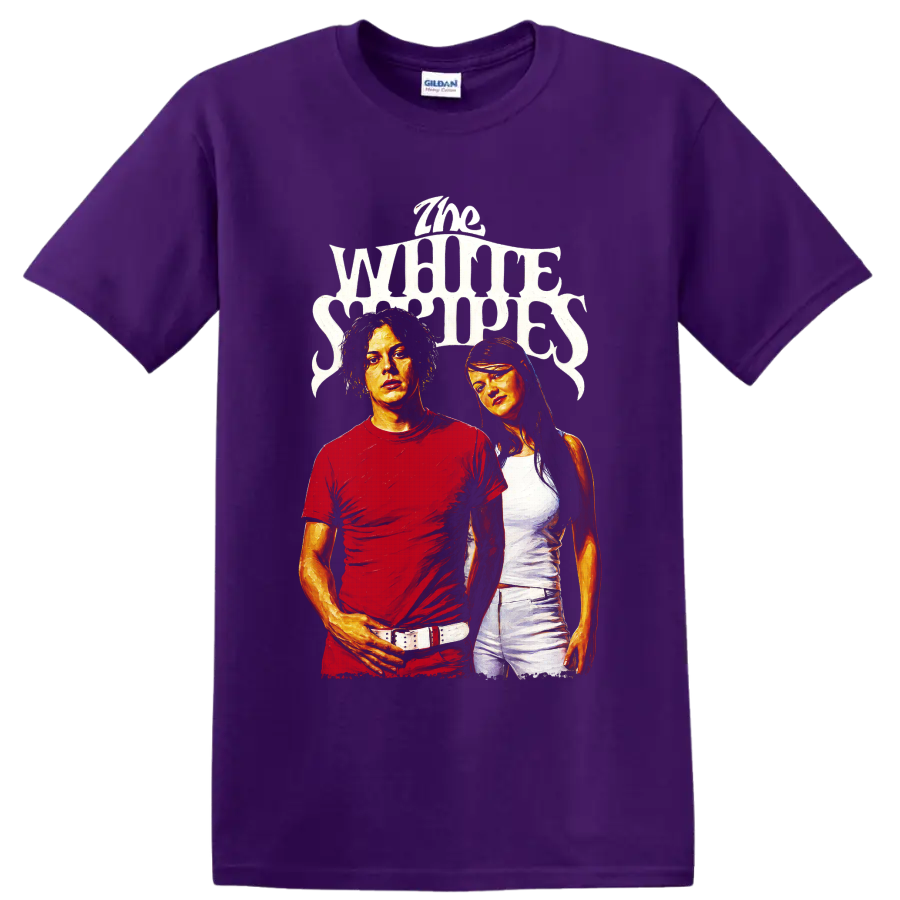 The White Stripes portrait graphic with distressed lettering on a Purple T Shirt