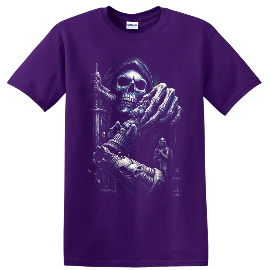 Gothic skull knight in armor wielding a sword, distressed fantasy art on a Purple T Shirt
