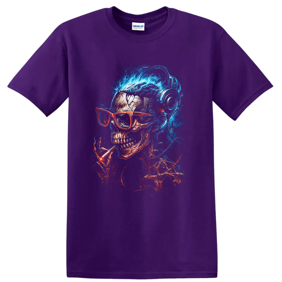 Neon blue and red skull wearing glasses and headphones, gothic art on a Purple T Shirt