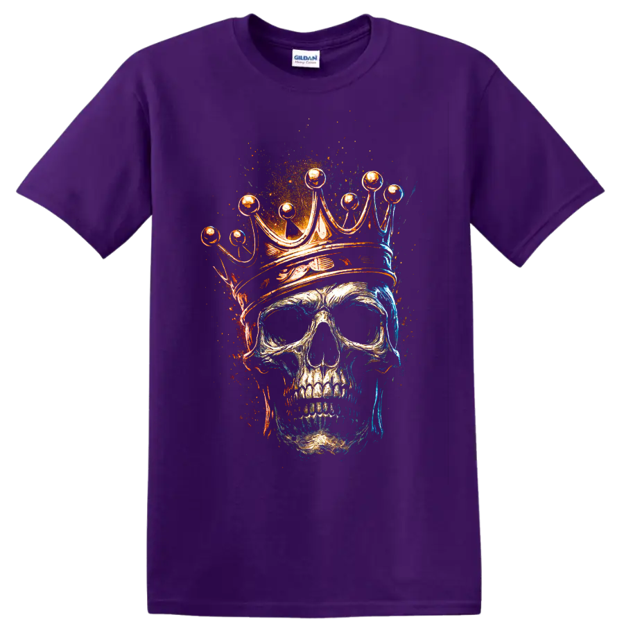 Crowned skull with ornate crown in fiery blue and orange grunge art on a Purple T Shirt