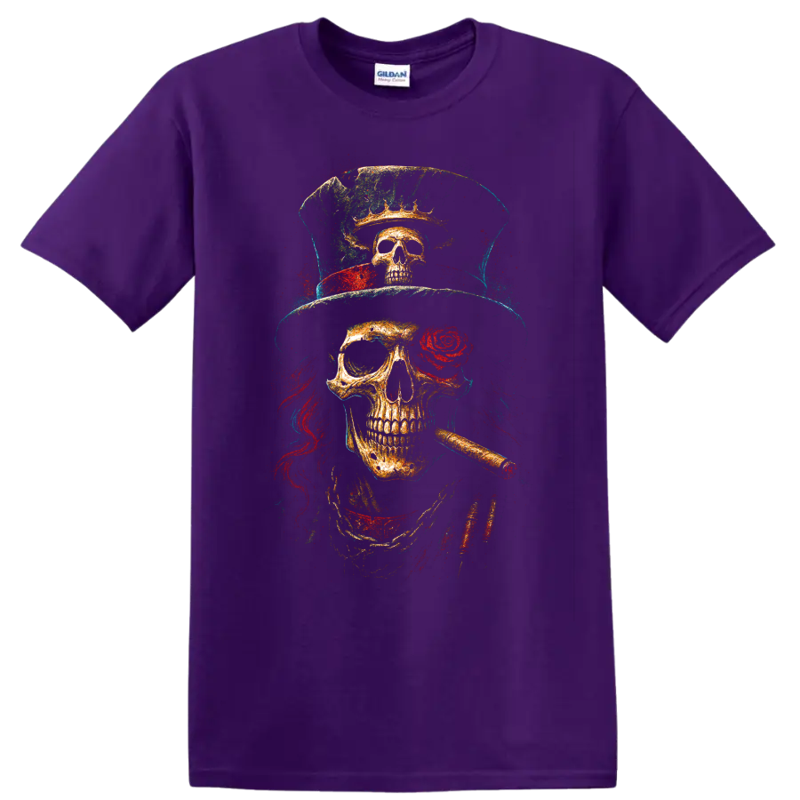 Vintage grunge skull wearing a top hat with rose and cigar on a Purple T Shirt