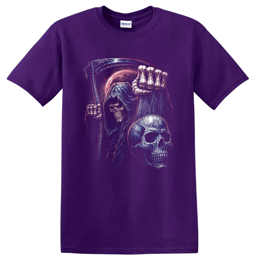 Gothic blue skull with skeletal hand and distressed red and white splatter art on a Purple T Shirt