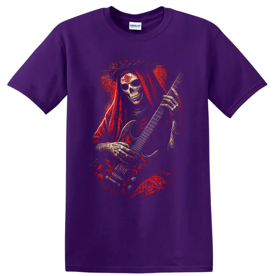Gothic skull guitarist with red roses and distressed rock art on a Purple T Shirt