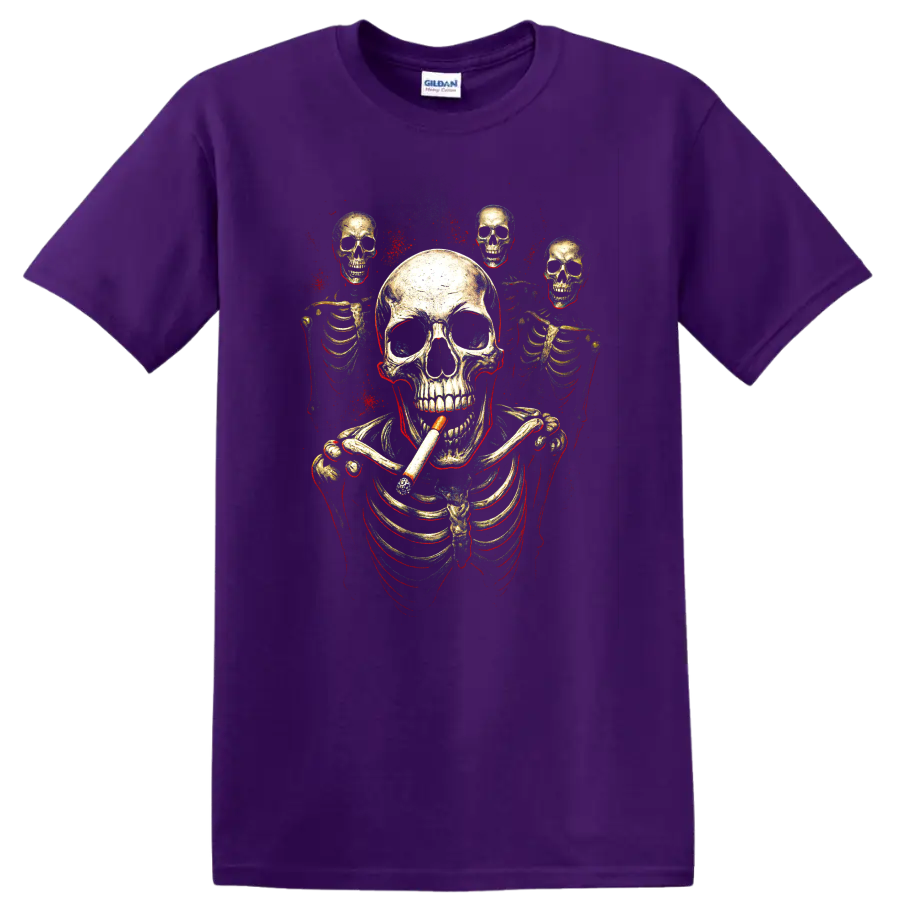 Smoking skeleton skull graphic with smaller skulls and red splatter on a Purple T Shirt