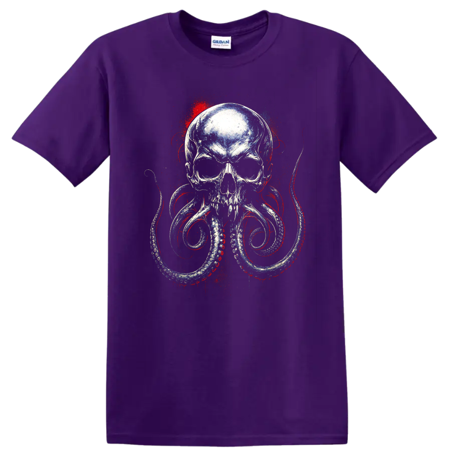 Distressed skull octopus graphic with curling tentacles and red blue accents on a Purple T Shirt