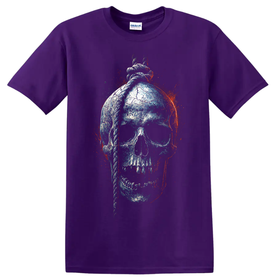Distressed gothic skull with anatomical heart graphic art on a Purple T Shirt