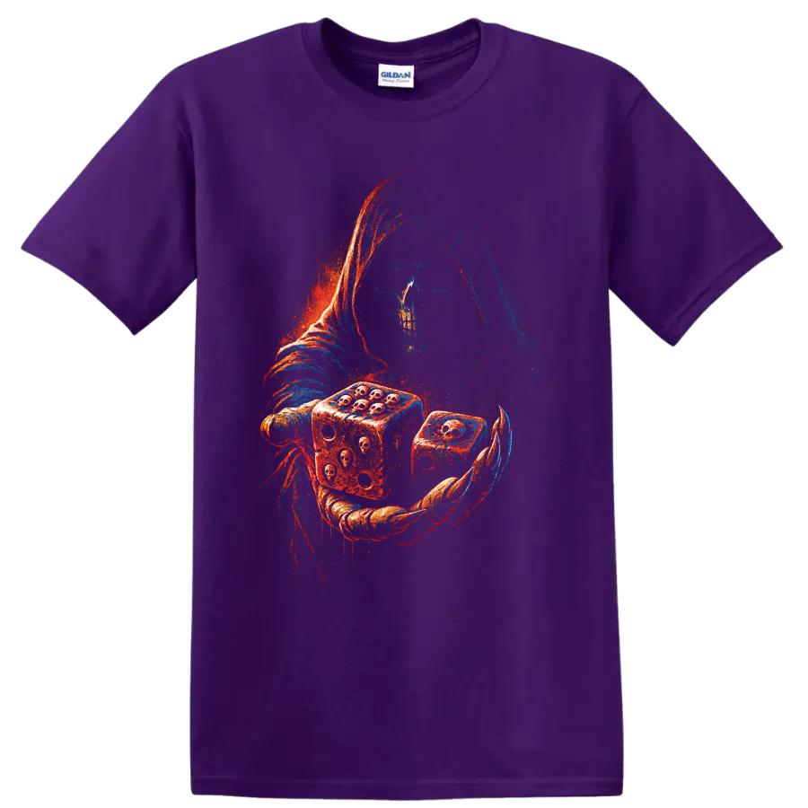 Hooded skull figure holding dice in red and blue gothic horror art on a Purple T Shirt
