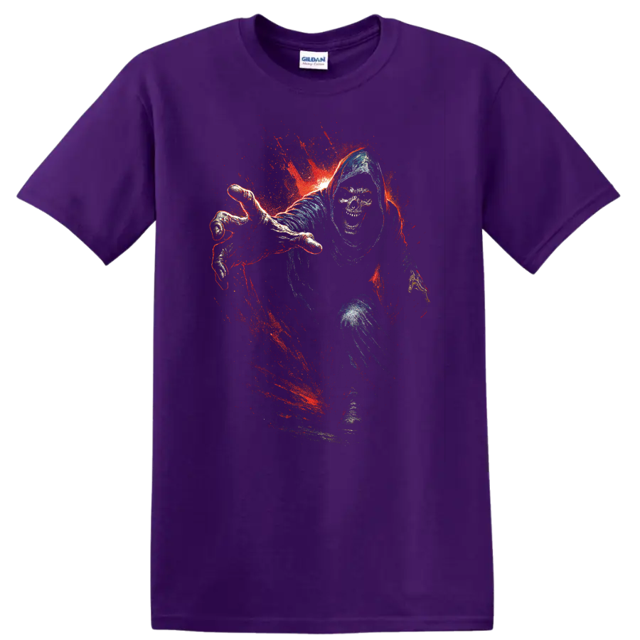 Hooded skull reaper with red splatter gothic horror graphic on a Purple T Shirt