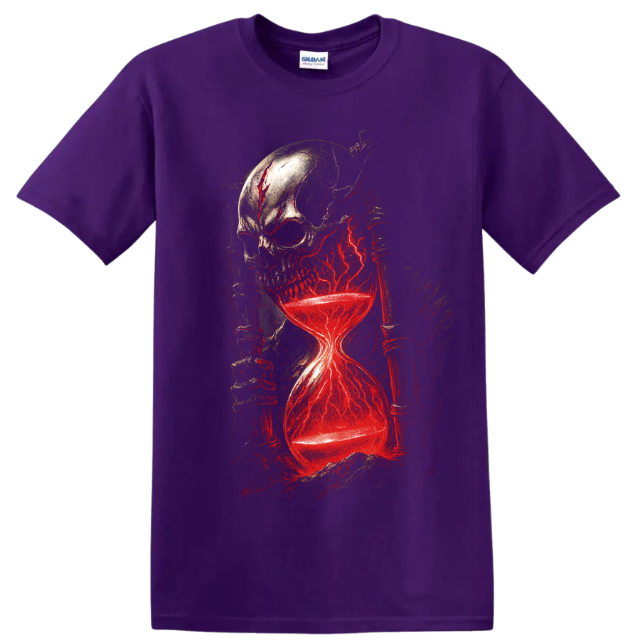 Gothic skull hourglass with glowing red lightning graphic on a Purple T Shirt
