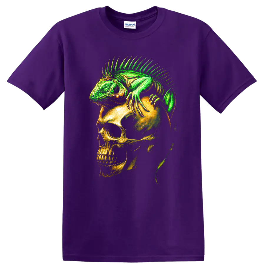 Green iguana draped over a skull in detailed gothic horror art on a Purple T Shirt