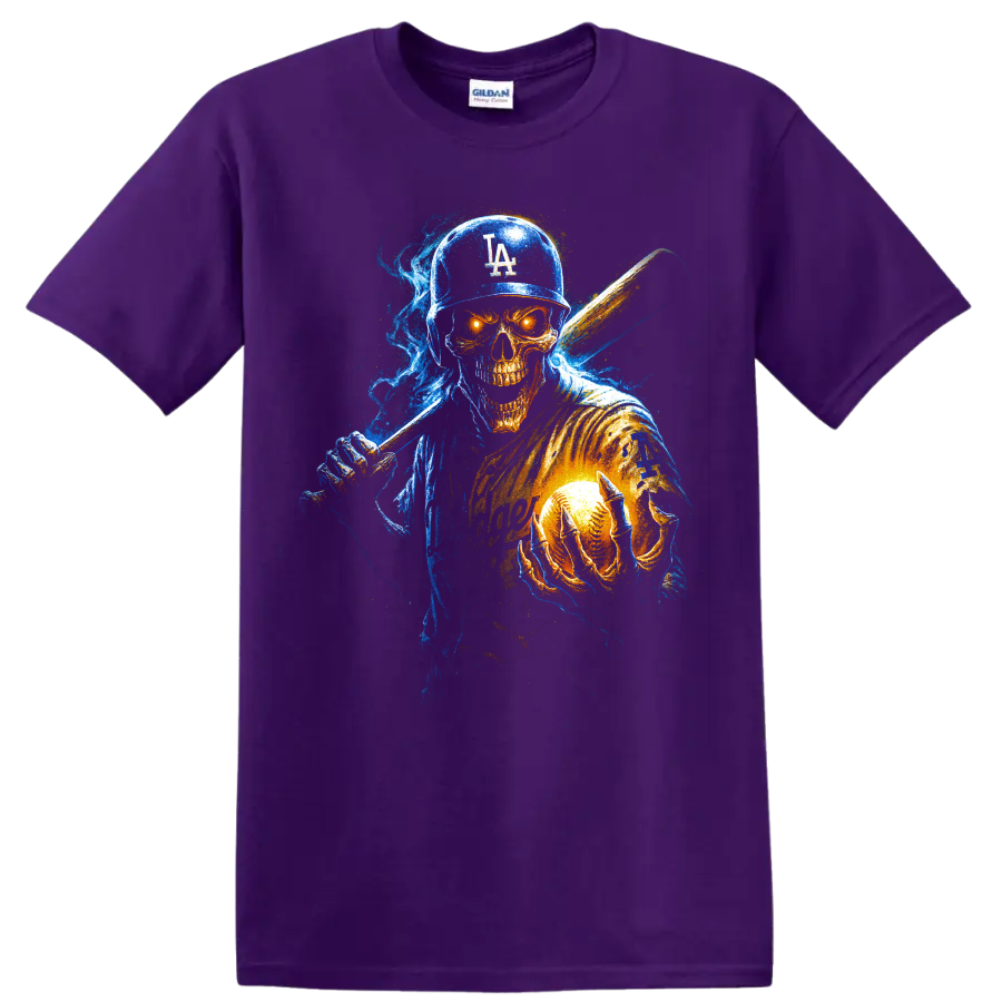 Neon horror baseball skull player with bat and glowing baseball on a Purple T Shirt