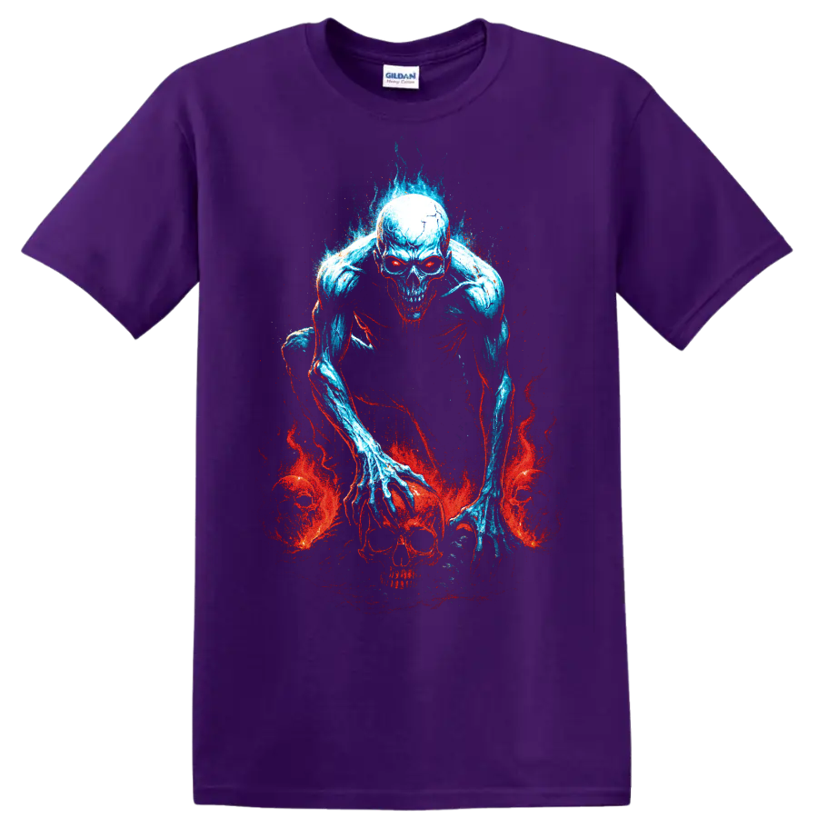Blue undead skeleton skull with red flames gothic horror graphic on a Purple T Shirt