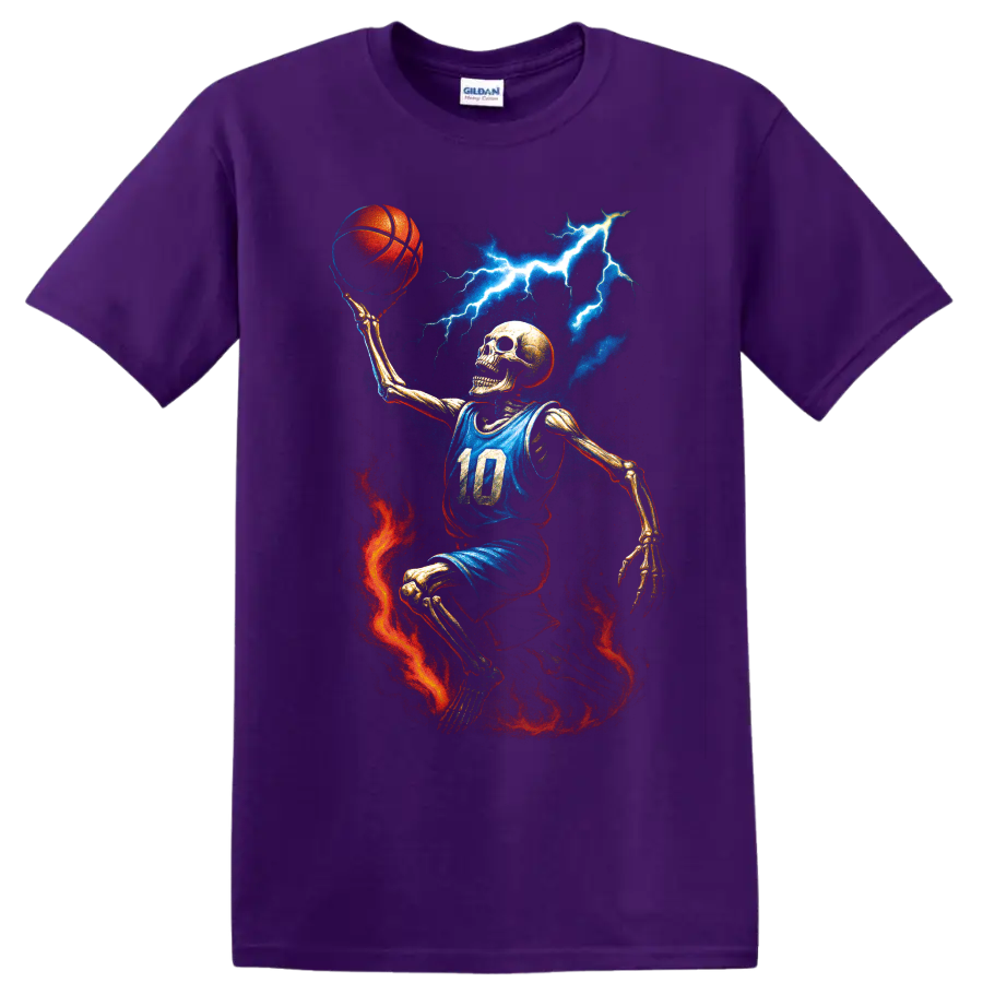 Skeleton basketball player with lightning, fire, and blue jersey on a Purple T Shirt