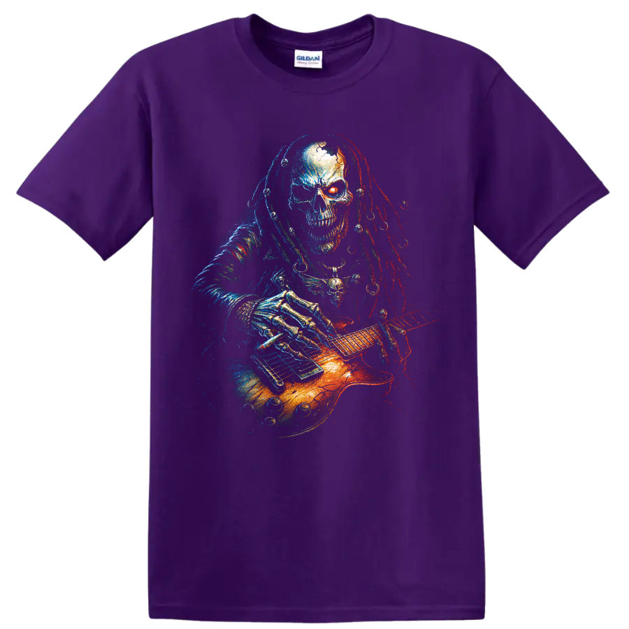 Gothic skull guitarist playing an electric guitar in neon distressed art on a Purple T Shirt