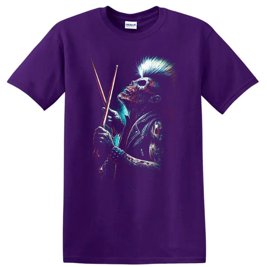 Punk rock skull drummer with mohawk holding drumsticks, distressed graphic art on a Purple T Shirt
