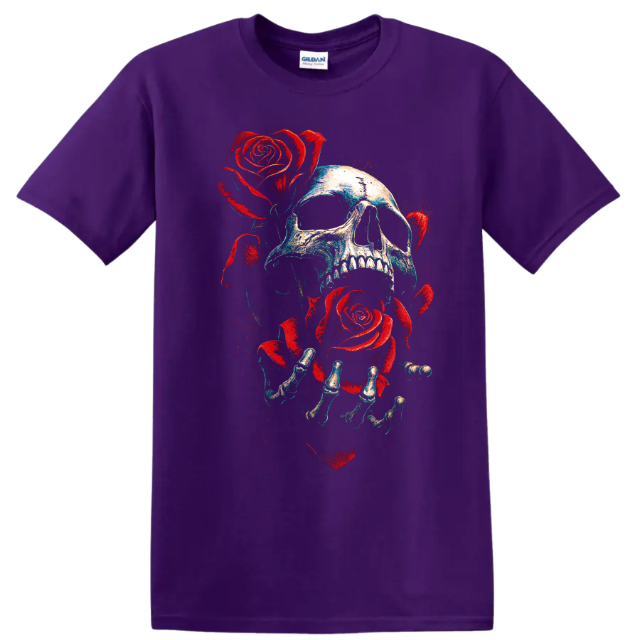 Gothic skull with red roses and skeletal hands distressed graphic on a Purple T Shirt