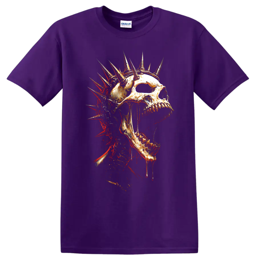 Spiked crown skull graphic in distressed gothic horror style on a Purple T Shirt