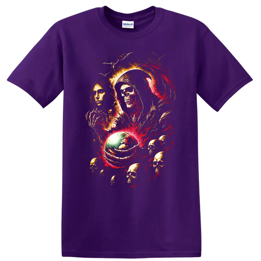 Gothic reaper skull and raven horror art with red and gold details on a Purple T Shirt