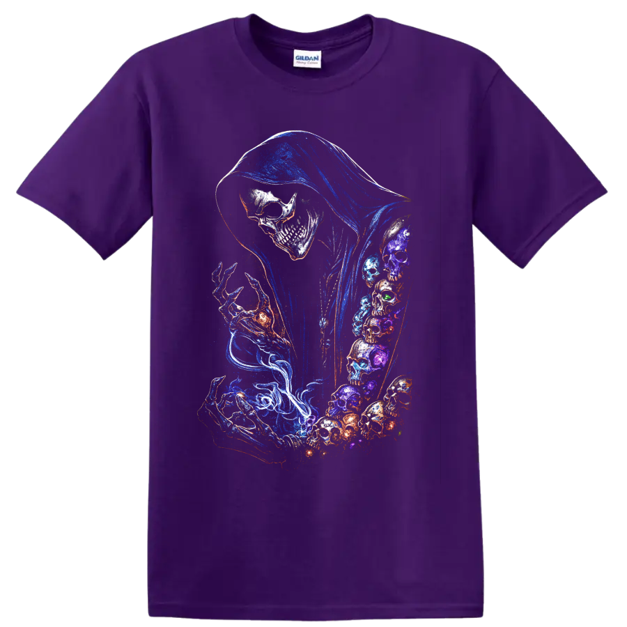 Hooded skull reaper graphic with neon blue hood and swirling colorful skull art on a Purple T Shirt