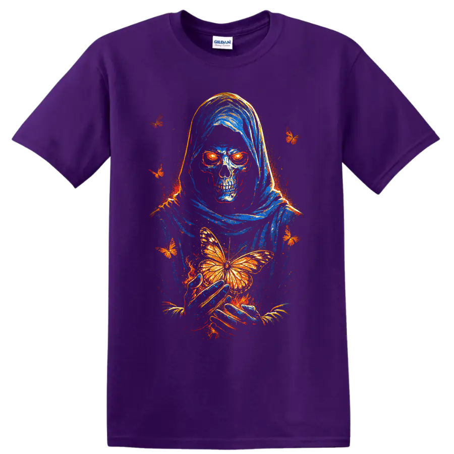 Hooded skeleton skull holding an orange butterfly, gothic distressed art on a Purple T Shirt