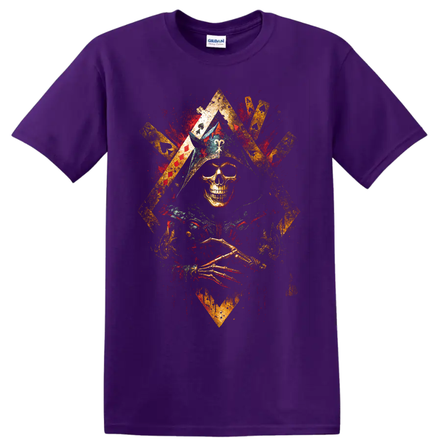 Distressed gothic skull graphic with crossed golden elements and red accents on a Purple T Shirt