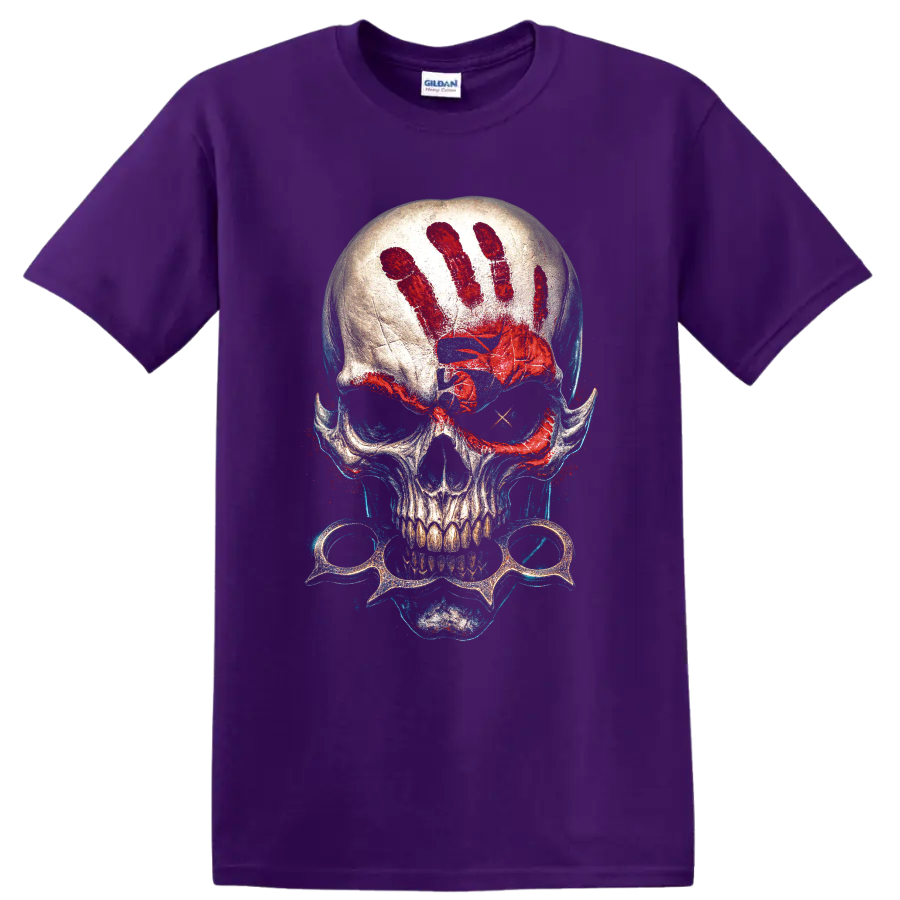 Gothic skull graphic with red handprint, spectacles, and blue splatter on a Purple T Shirt