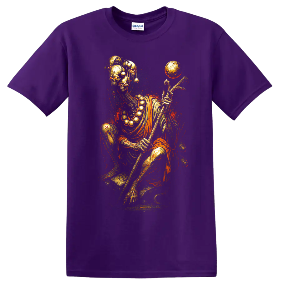 Golden skeleton skull with floating orb, surreal gothic graphic art on a Purple T Shirt