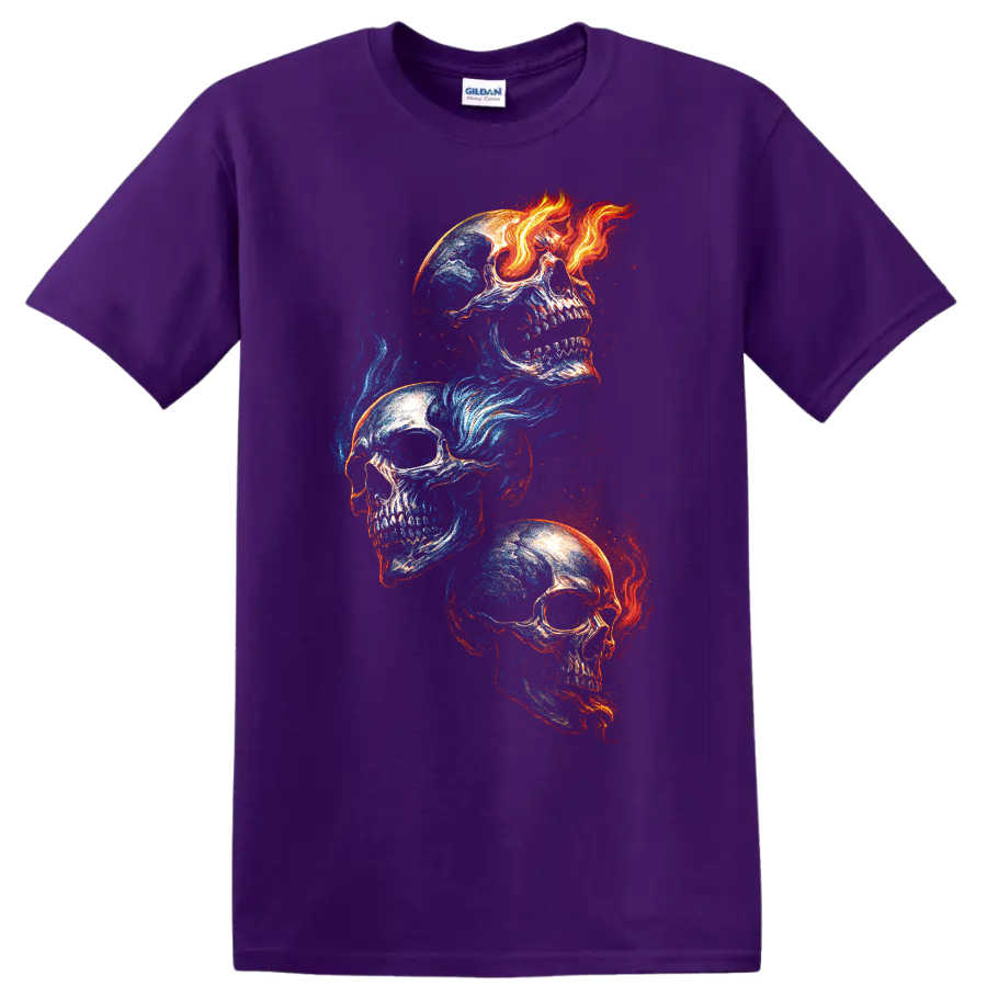 Three skulls in blue and red fire-and-ice gothic graphic art on a Purple T Shirt