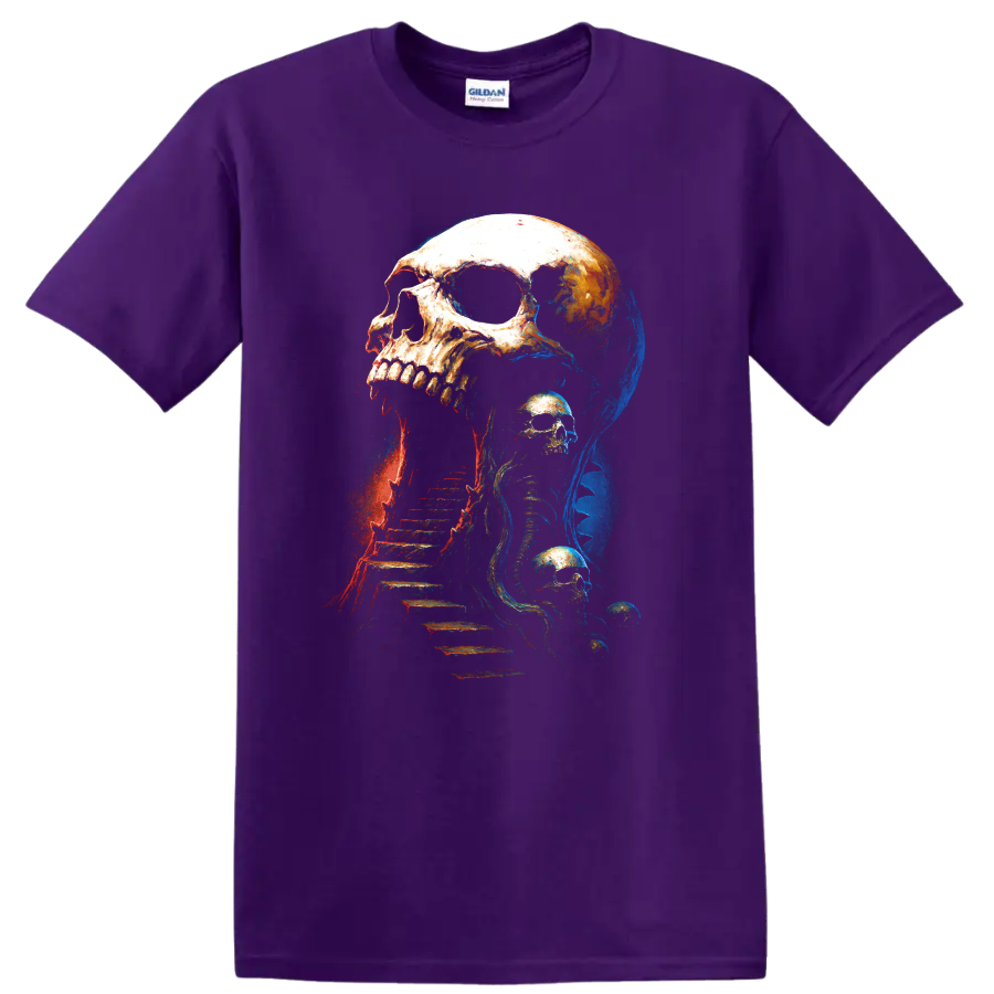 Gothic skull and skeleton staircase horror graphic art on a Purple T Shirt