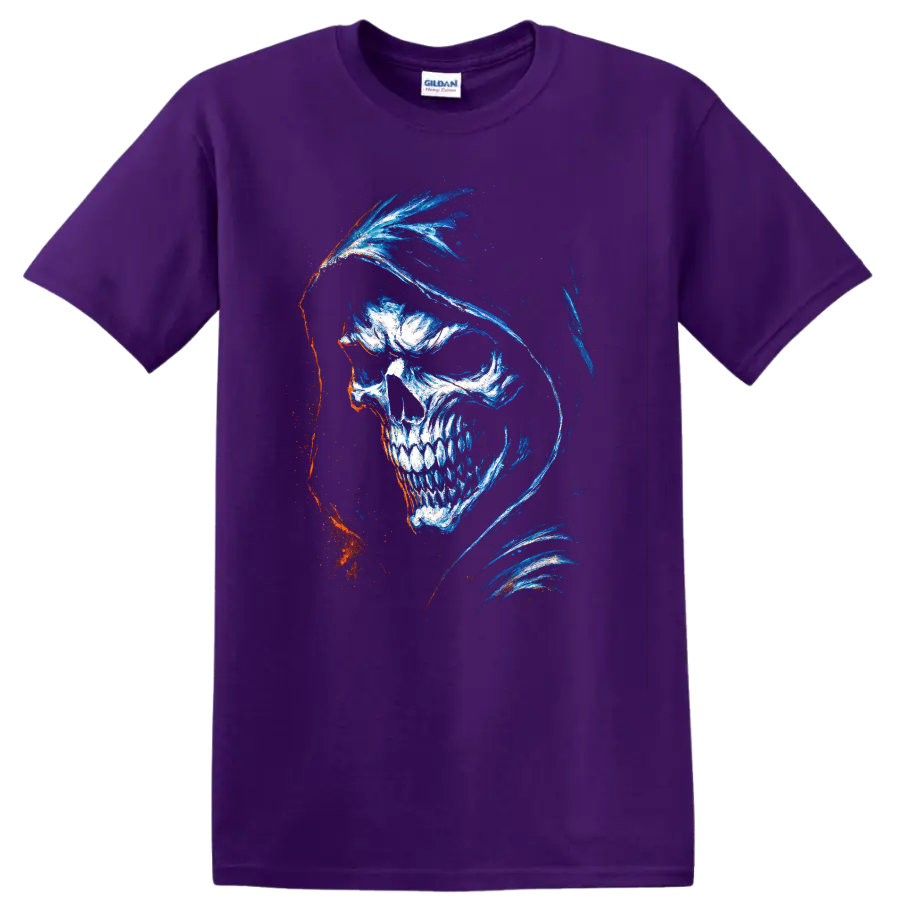 Hooded skull gothic horror graphic art with blue, white, and orange accents on a Purple T Shirt