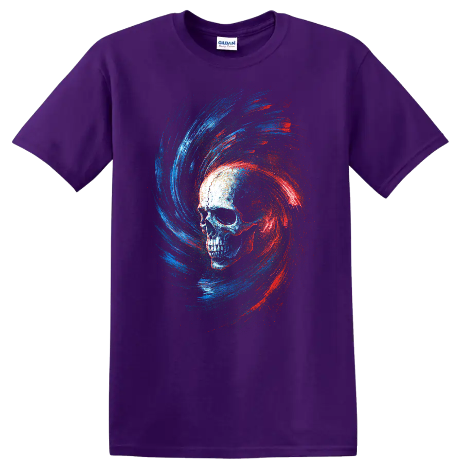 Gothic skull graphic with red and blue swirling brushstrokes on a Purple T Shirt