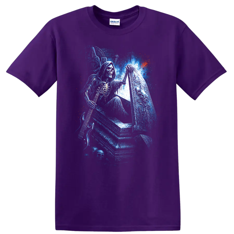 Hooded skull grim reaper beside a coffin in distressed blue gothic art on a Purple T Shirt