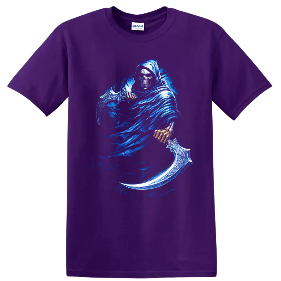 Hooded Grim Reaper skull with ornate blue scythe gothic graphic on a Purple T Shirt