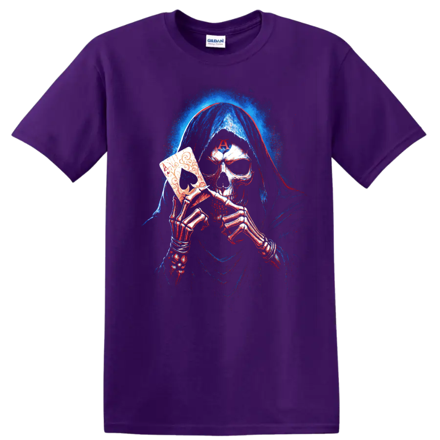 Hooded skeleton holding an ornate death mask, gothic horror graphic on a Purple T Shirt