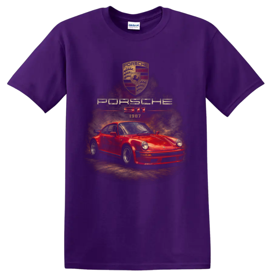 Vintage red Porsche 911 1987 sports car graphic with crest and lettering on a Purple T Shirt