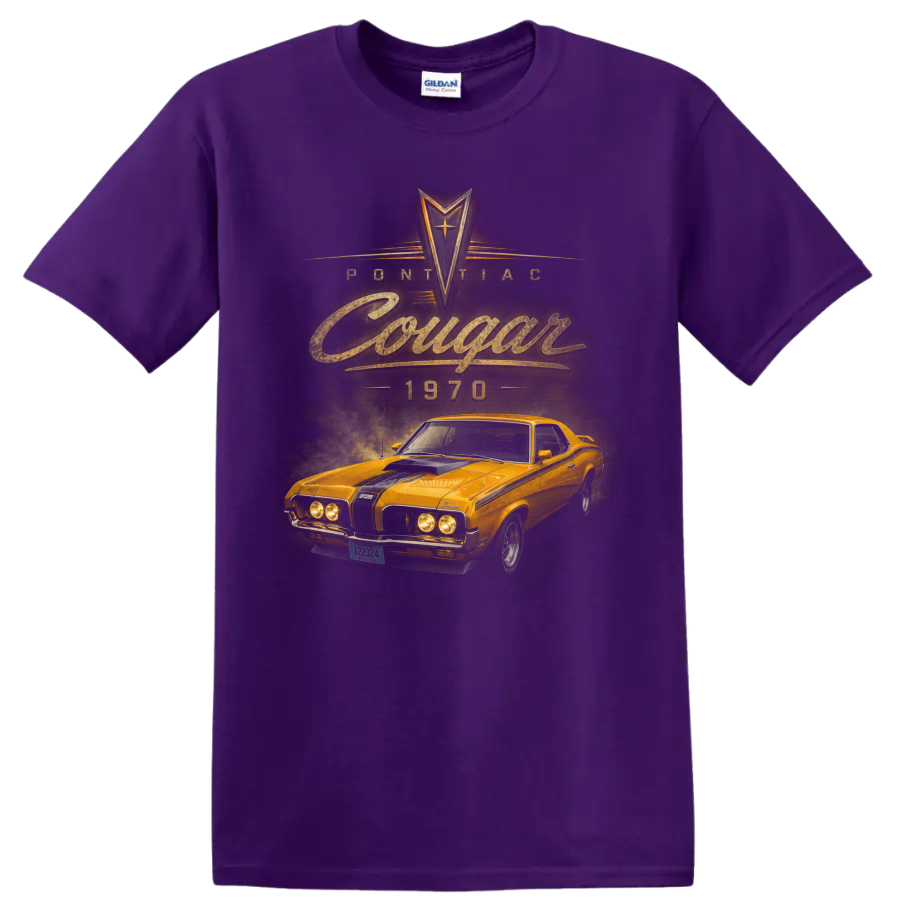 1970 Mercury Cougar vintage orange muscle car graphic with Cougar text on a Purple T Shirt