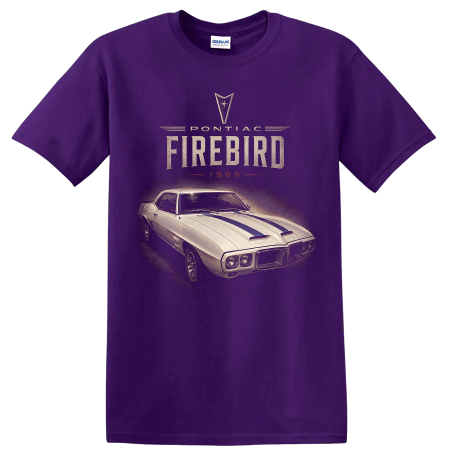 1969 Pontiac Firebird vintage muscle car graphic with blue hood stripes on a Purple T Shirt