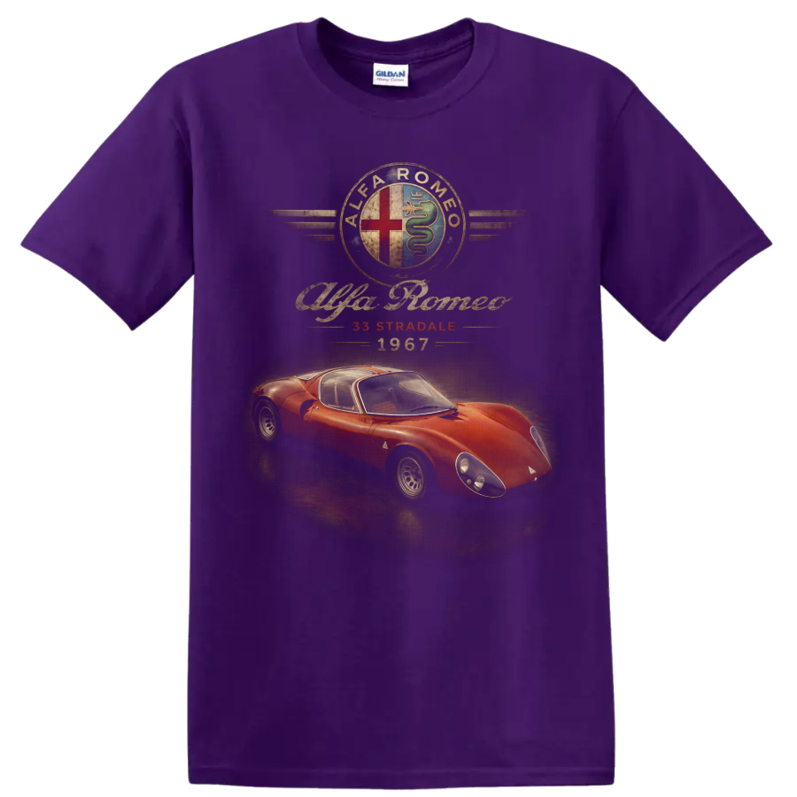 Alfa Romeo 33 Stradale 1967 vintage red sports car graphic on a Purple T Shirt