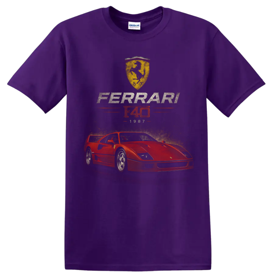 Vintage Ferrari F40 1987 red sports car graphic with Ferrari shield on a Purple T Shirt