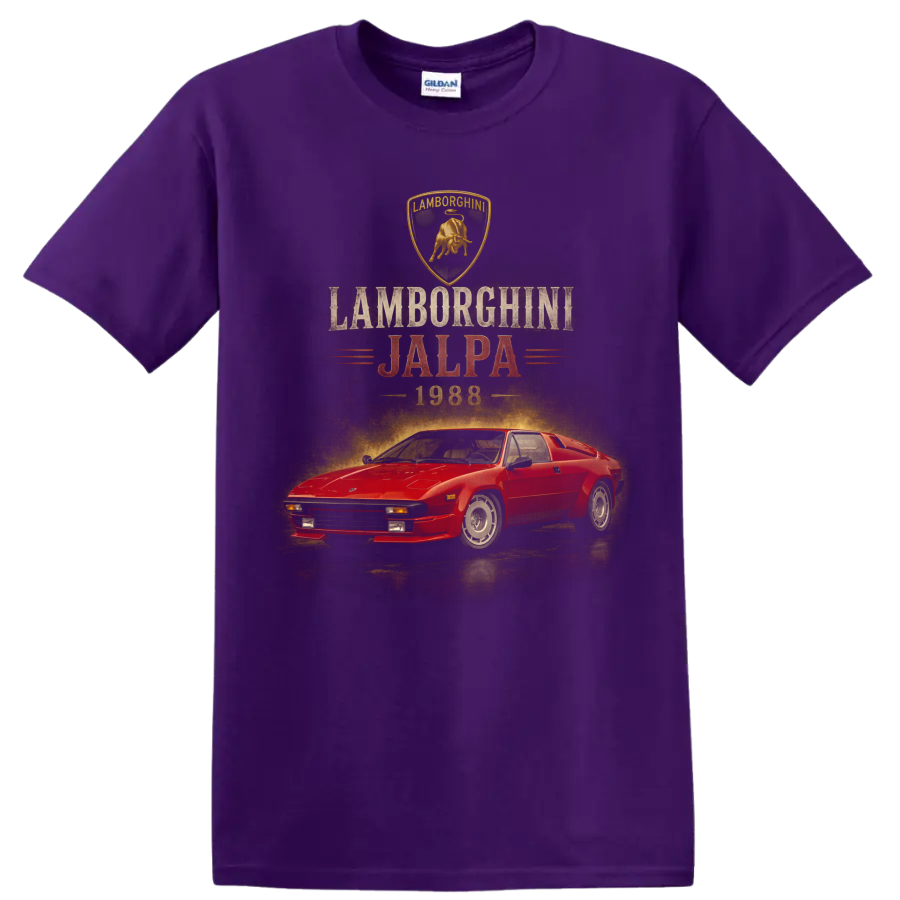 Vintage red 1988 Lamborghini Jalpa graphic with retro text and crest on a Purple T Shirt